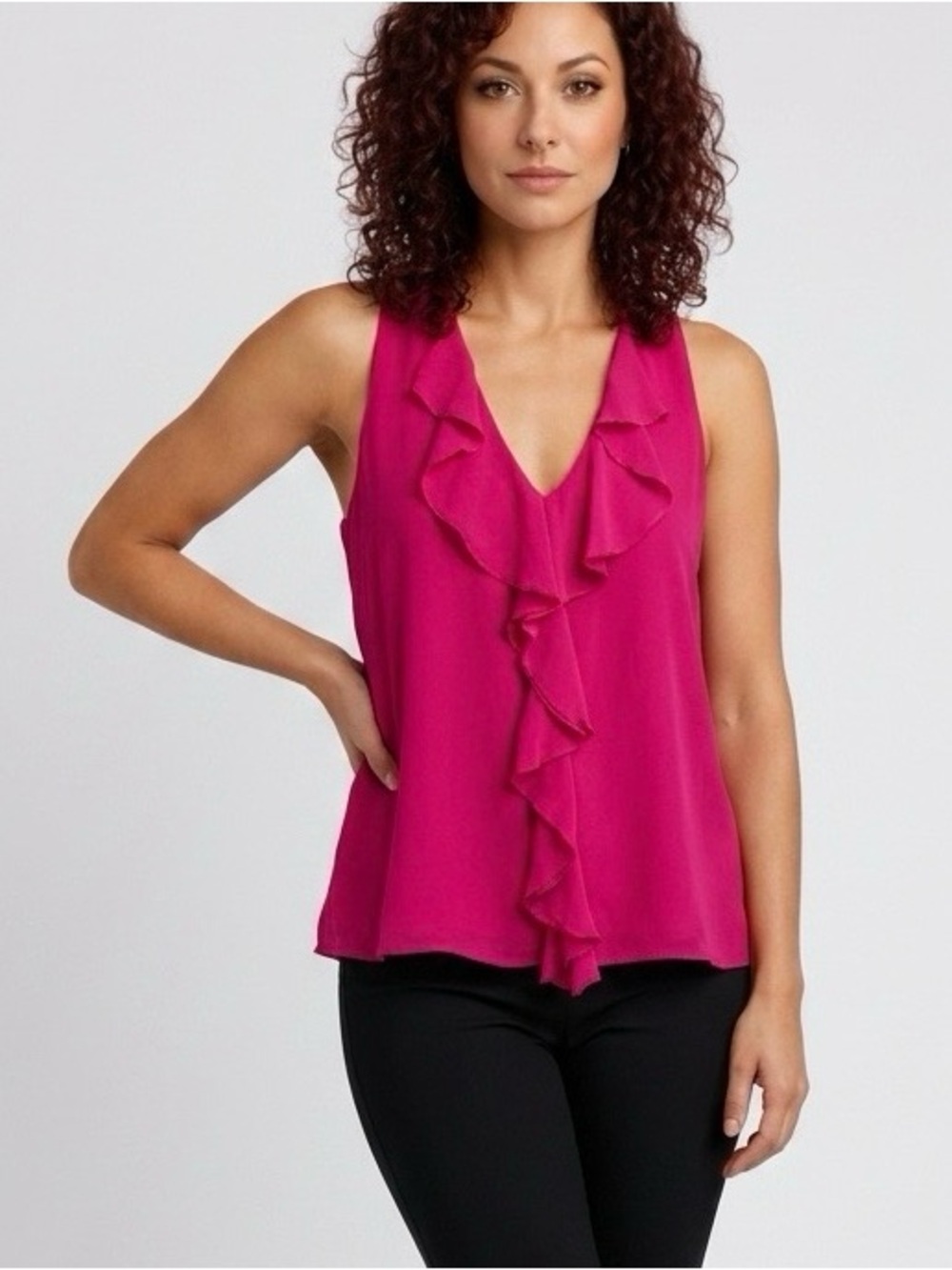 Kut From The Kloth Bright Fuchsia Sleeveless Ruffle V-Neck Top
